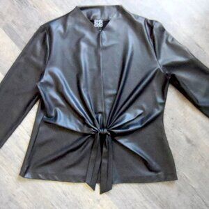 Clara Sun Woo Black Liquid Leather Center Front Tie Blouse Sz Lg